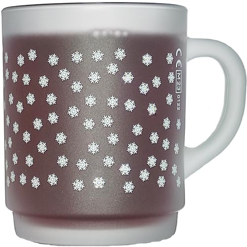 Glasveredlung Schmitz Glühweinbecher Glühweintasse 25 cl, satiniert gefrosted, 240 g, stapelbar, gehärtet, Füllstrich 0,2 l, Dekor Schneeflocken, 4 Stück