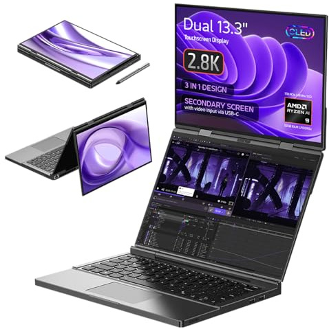 GPD Duo Ordinateur Portable à Double écran : 13.3 » Ecrans OLED, AMD Ryzen AI 9 HX 370, 32GB RAM, TB SSD, Support Stylus, 10-Point Touch, 4096 Niveaux de Pression, Dual 360° Hinge, AI PC