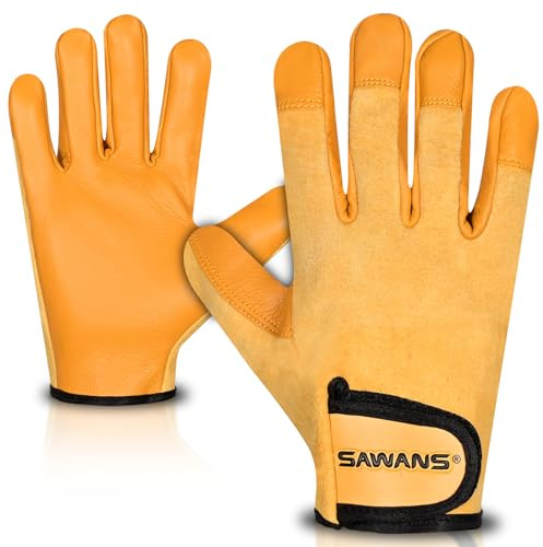 SAWANS Gants de jardinage en cuir pour hommes et femmes, résistants aux épines, flexibles, respirants et robustes, gants de protection pour mécanicien, gants de travail polyvalents (Jaune, S)