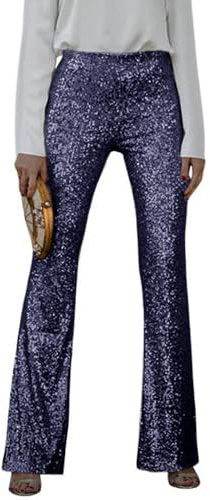 FUPODD Damen Paillettenhosen Glänzende Schlaghosen Hohe Taille Schlank Weites Bein Glockenboden Hosen Frauen Glitzer Hose Vintage 80s Party Freizeithose Festival Glitzerhosen Clubwear