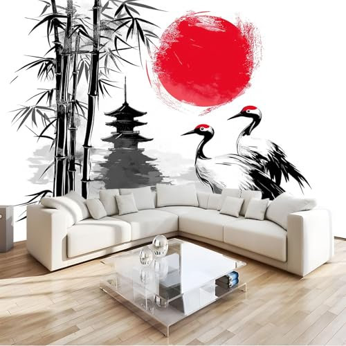 Pintura De Tinta Fotomural Grulla japonesa y bambú Fotomural Pared, 250x175 cm Papel Pintado 3D, Fotomurales Decoración de Comedores Moderna Lana Sala Cuarto Salón