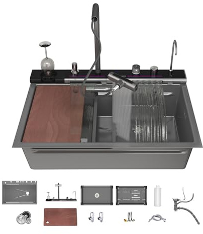 FVVJVV Double Waterfall Kitchen Sink 33 x 22 in 9 Gauge Stainless Steel Smart Digital Display Modern Single Bowl Workstation Sink with Soap Dispenser