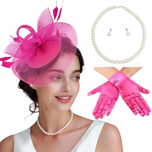 EHRBGK Vintage Fascinators Hut, 4 Stück Damen Fascinatoren Hüte,20er 50er Schleier Hut Federn Schleier Netzhut Handschuhe Perlen Choker Halskette Teeparty Kopfbedeckung Hochzeit Fascinator (Rosa)