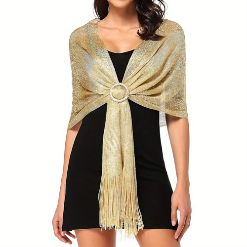 YIFLorine TANG Glitzer Stola Damen,Glänzendes Metall Schal Stola Damen,Stola für Abendkleid,Stole mit Schnalle,Frauen Braut Hochzeit Schal,für Abendkleider Kleider Hochzeitsfeier（Gold）