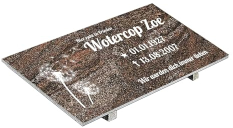Grabplatte mit Inschrift aus Granit Paradiso, personalisierbar Gedenktafel für Urnengrab, Wählmotiv, Grabstein für 1-2 Pers., Urnengrabstein (Paradiso Classico, 30x60cm mit Stützen, Löwenzahn)