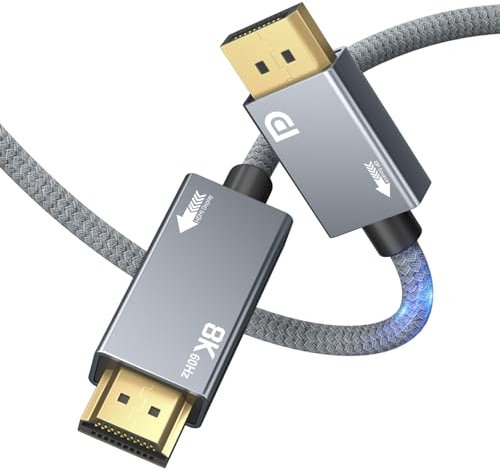 Cavo DisplayPort 1.4 a HDMI 2.1 [8K@60Hz, 4K@144Hz/120Hz, 2K@240hz],Unidirezionale DisplayPort a HDMI, supporto HDR/HDCP 2.3/DSC 1.2 per PC, proiettore, monitor, Dell, AMD, NVIDIA,TV (2M)