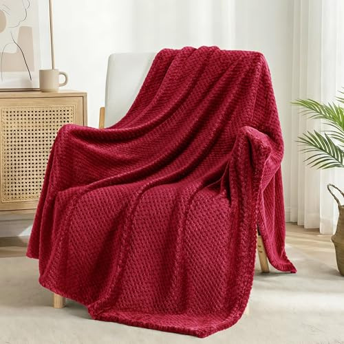 Exclusivo Mezcla Coperta in Pile Extra Large Morbida e Calda per Divano e Letto, Trama Gaufré, Soffice e Leggera, 130x170 CM, Bordeaux