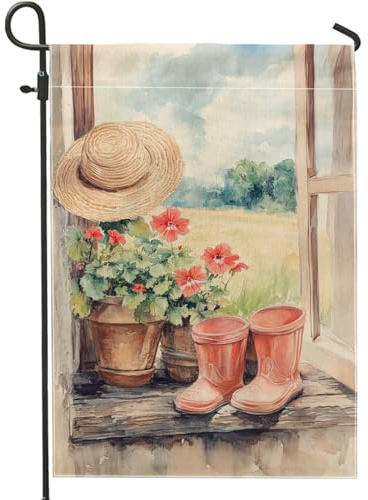 Sommer-Gartenflagge, Pfirsichgeranien und Strohhut, Outdoor-Dekoration, doppelseitiges Jute-Banner für Rasendekoration, 30,5 x 45,7 cm
