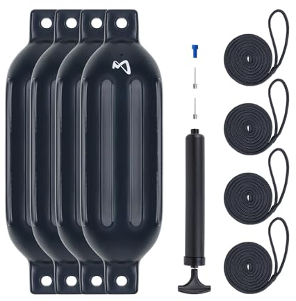 Mesle Fender Boot Dura 4er Set mit Leine & Pumpe, ø 21 cm | 68 cm lang, Langfender aufblasbar, Bootsfender, Fender Schiff Yacht Schlauchboot
