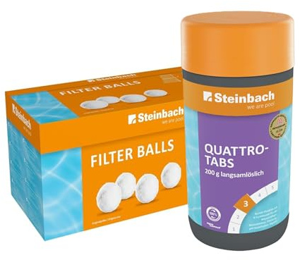 Steinbach Poolpflege-Set | Quattrotabs 1 kg (200 g Tabs) & Filter Balls 700 g | 4-Fach Wasserpflege mit Chlor, Algezid & Flockung | Filtersand-Alternative | kristallklares Poolwasser