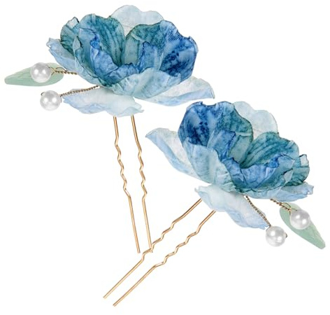 Healvian Accessoires pour Cheveux à Fleurs Bleues, 2 Pinces en Tissu et Métal, Forme Fleur Élégante, pour Mariage, Photographie de Voyage ou Soirée