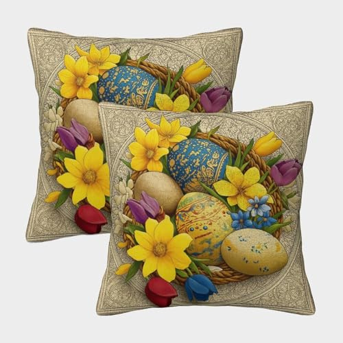 2 Pack Flowers, Easter Eggs Pillow Case 3D Puzzle Art Style Printed Cushion Box Suitable for Home Living Room Decoration Car Pillow Case 50x50cm