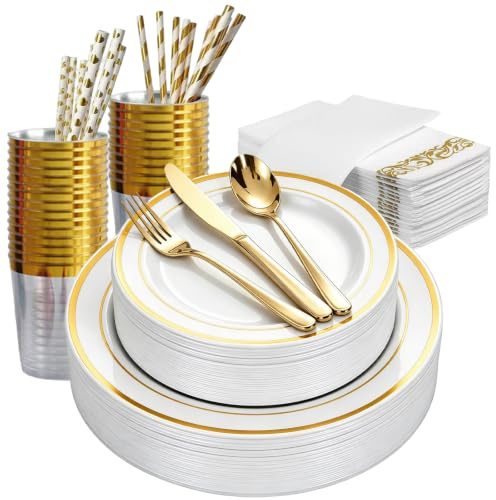 Yazoni Reusable Plastic Dinnerware Set for 25 Guests – Washable & Dishwasher Safe – Includes Plates, Cutlery, Cups, Napkins, Paper Straws – Gold