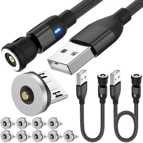Xiatiaosann 1Pin Magnetic Charging Cable, 540° Rotating MicroUSB Magnetic Phone Charger Cable Cord with LED Light (2M + 1M) for Micro USB Device, with Micro USB Magnetics Tips