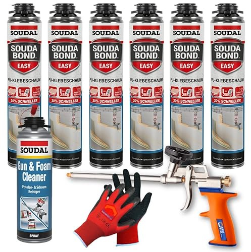 Hauswerk.shop Pu Schaumpistole + 6 x 800ml SOUDAL Soudabond Easy + Reiniger und Arbeitshandschuhe