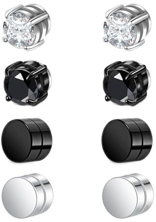 4 Pairs Magnetic Earrings, Magnetic Earring for Men, Round Cubic Zirconia Magnet Earrings Set, Studs Stainless Steel Fake Earring Non Piercing for Women Men Birthdays, Anniversaries