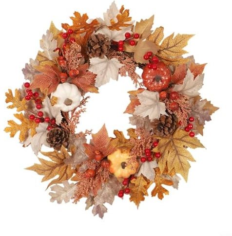 Alanmoship Autumn Front Door Wreath 20 Inch Fall Harvest Decorative Grapevine Wreath With Artificial Pumpkins Berries Natural Leaves For Indoor Outdoor Home Wall Decor