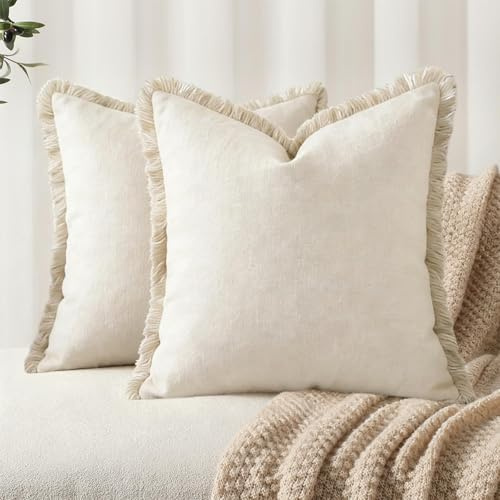 Sunshine smile 2er Set Leinen Kissenbezug mit Fransen,Boho-Kissenbezug mit Quaste 50x50 cm,Neutralen Baumwolle Quasten Kissenbezüge,Dekorative Kissenbezüge,für Sofa Sessel Zuhause Schlafzimmer