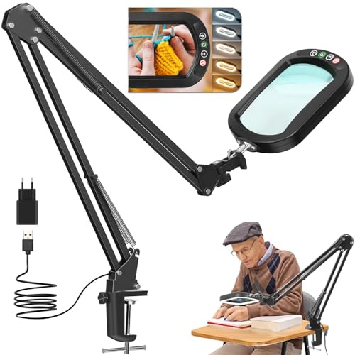 12X Lupe mit Licht und Klemme, LED Echtes Glas Lupe mit Licht und Ständer, 5 Farbmodi Dimmbar leselupe für senioren groß, Schwenkarmlupe Freihändige für Handwerk, Hobby, Malerei, Schließen Arbeit