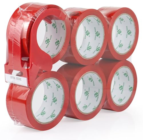BOMEI PACK 6 rouleaux Ruban d’emballage 66m x 48mm pour emballage - avec dévidoir,impression adhésif fort pour colis, entrepôt, e-commerce (Rouge)