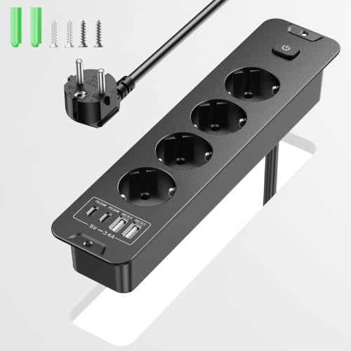 RivHillX Prise encastrable de Bureau, multiprise escamotable 4 Prises + 4 USB (2 USB-C PD20W), câble 2 m, Montage affleurant – pour Tables, Meubles & Cuisines