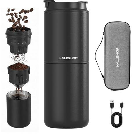 HAUSHOF 4-in-1 Portable Coffee Maker 400 ML with Electric Coffee Grinder, Built-in Thermal Water Tank, Manual Pour Over, USB-C Rechargeable Travel Coffee Maker for Car, Camping, Office
