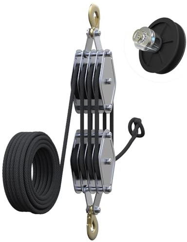 Block and Tackle 4400 LB Breaking Strength Heavy Duty Pulley, 65 Ft Rope Pulley, Upgraded Metal Bearing, 7:1 Lifting Power Pulley System, Pulley Hoist for Lifting Heavy Objects(Black)