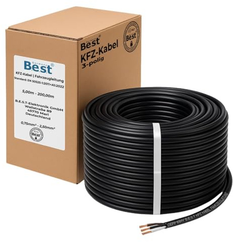 KFZ Kabel 3x1,5mm² 50m Rund Fahrzeugleitung Kupfer 60V Autokabel 3-adrig | 100 % Vollkupfer, KFZ Kabel, Fahrzeugleitung, Anhängerkabel, Autokabel, 3-adrig, 60V, PKW, LKW, Wohnmobil, Boot