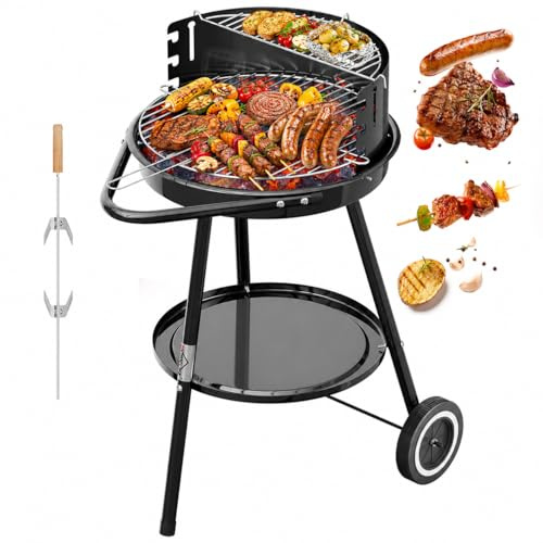 HOMELUX Träkolgrill, kolgrillvagn BBQ grill, dubbla lager, kromgrill, 39 x 39 36 x 14 cm, inkl. rullar, varmhållningsgaller och vindskydd