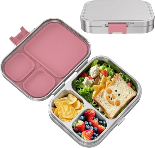 VITONIS Edelstahl Brotdose Kinder, Metal Bento Lunch Box Kinder Auslaufsicher Brotdose Kids mit 3 Fächern und Dichtring, Lunch Box Geeignet für Kinders und Erwachsene, Spülmaschinenfest，Rosa