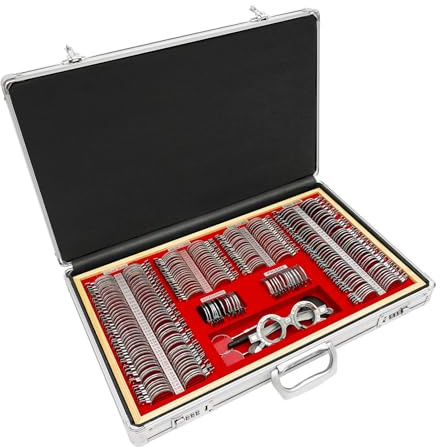 Kit d'optométrie professionnel avec 266 lentilles, cadre de test, cadre en métal (argenté et rouge), 57 x 36 x 9,5 cm, pour tests de vision et de réfraction