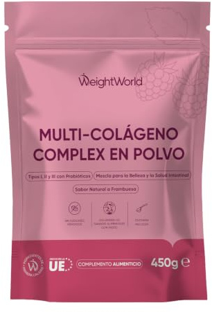 Multikollagenkomplex Pulver 450 g – Kollagenpulver typ 1, 2 och 3 med probiotika, vitamin C, biotin, zink, selen och hyaluronsyra – Inkluderar måttskopa – Sockerfri med hallonsmak från WeightWorld