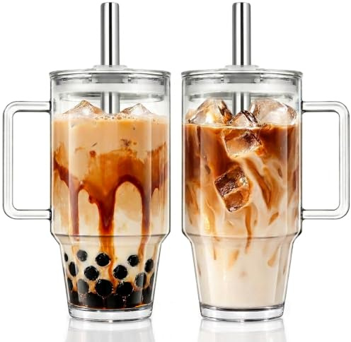 KEMORELA 2-Pack 24oz/710ml Clear Glass Tumblers with Handle, Leak-Proof Lid & 13mm Stainless Steel Straw – Wide-Mouth Reusable Cups for Boba, Smoothies, Iced Coffee, Juice & Hot Drinks