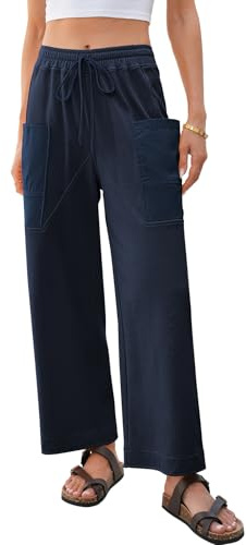 EVALESS Pants for Women Casual High Waisted Baggy Cargo Pants 2026 Summer Ankle Length Wide Leg Trousers with Pockets Drawstring Elastic Band Womens Clothes Navy Blue Medium