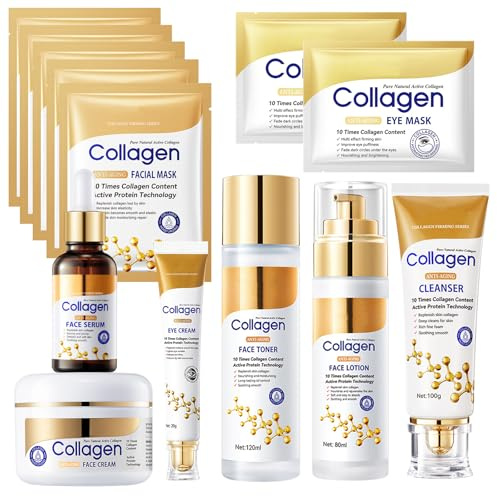 13 Stück Collagen Skin Care Set, Kollagen Gesichtspflege Set Damen, Anti Aging Pflegeset Damen, mit Collagen Creme,Gesichtsreiniger,Face Toner,Augencreme,Collagen Serum,Augenpads,Kollagen Maske