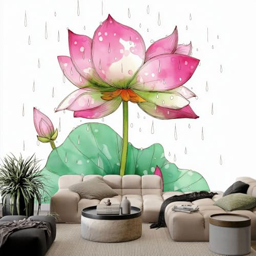 Fotomurales Tejido No Tejido 200 x 140 cm - Papel Pintado Fotográfico Acuarela Tradicional Floral Loto Murales Marfil Póster para Niños Juvenil Salón Dormitorio Decoración Del Hogar