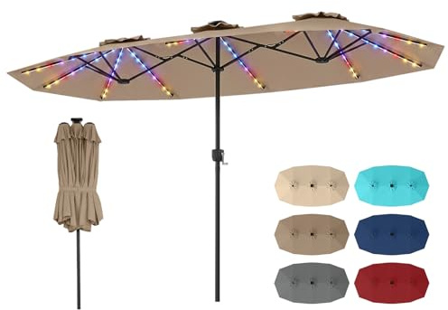 COSTWAY Ombrellone Giardino Doppio 375x200 cm, 108 Luci LED (Marrone) | con Manovella, Anti-UV, 12 Stecche Metalliche, per Terrazza, Piscina e Cortile