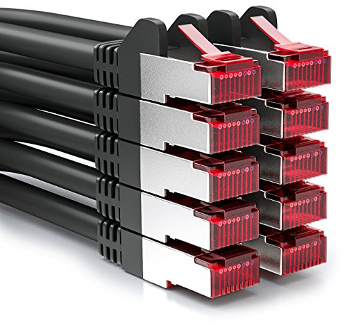 deleyCON 10x 0,25m CAT6 Patchkabel S/FTP PiMF Skärmning CAT-6 RJ45 Nätverkskabel Ethernetkabel LAN DSL Switch Router Modem Access Point Patchpanel - Svart