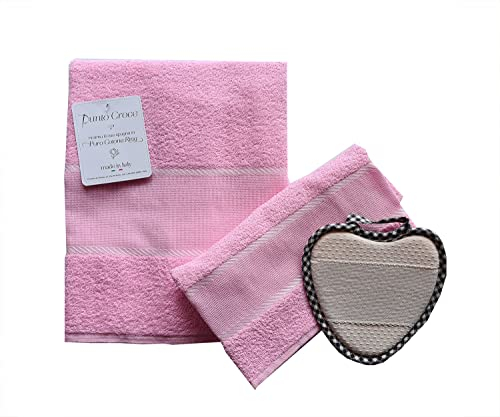 Set SPUGNE Bagno Viso + OSPITE 100% Spugna con Inserto in Tela Aida per RICAMARE Colore Rosa + 1 Presina da Cucina in OMAGGIO Produzione Italiana