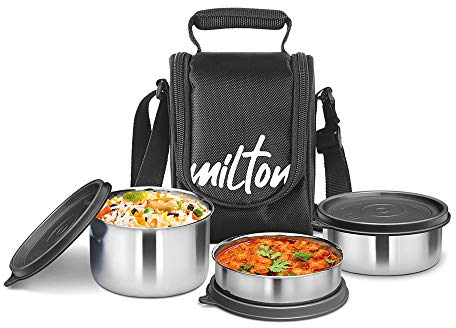 MILTON Tasty 3 Stainless Steel Lunch Box, Set of 3, 200 ml, 320 ml, 500 ml, Black | Leak Proof | Easy to Carry | Stainless Steel | Odour Proof | Food Grade | Light Weight | Easy to Clean