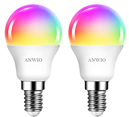 ANWIO Alexa Smart Glühbirnen, E14 Wlan LED Lampen Dimmbar Glühbirne 5W 470LM+2700-6500K+RGB 16 Millionen Farben, App Steuern Kompatibel mit Alexa/Google Home, Bluetooth, Sprachsteuerung, 2 Pack