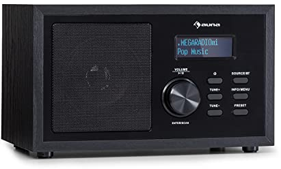 auna Ambient - Radio Dab+/FM, Bluetooth 5.0, A2DP, AUX, Conexión Auriculares, Capacidad 40 emisoras, Temporizador, Despertador, Indicador Fecha/Hora, Pantalla LCD, Estética de Madera, Negro
