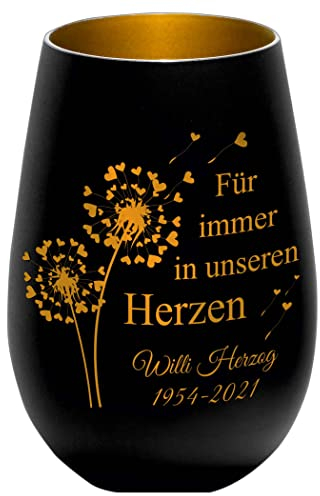 Trauerlicht - Für Immer in unseren Herzen - schwarz/Gold - Gravur Namen und Datum - Gedenklicht Erinnerungslicht Grablicht Trauergeschenk
