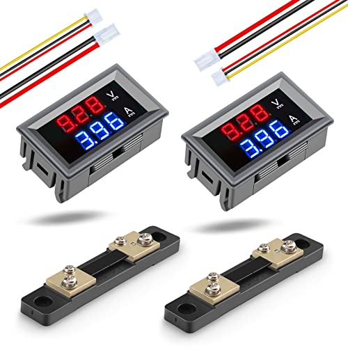 Diymore 2PCS DC 100V 50A LED Amperímetro Digital Voltímetro Azul Rojo Pantalla de doble color Voltímetro Medidor de Amperaje Multímetro 2 en 1,Amperímetro con Derivación