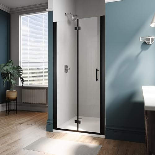 ELEGANT ramlös dubbelvikt duschdörr 86 cm B x 183 cm. H svängbara duschdörrar med 1/4 tum. Klar härdat duschglaspanel i matt svart halvramlös duschdörr