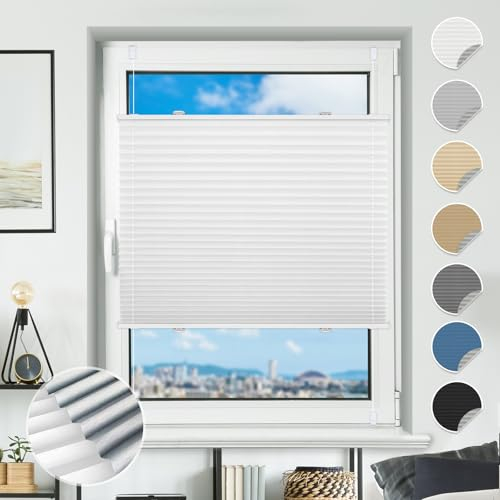 Plissee ohne Bohren Verdunkelung Plissees Klemmfix 115x140cm(BxH) Weiß 100% Blickdicht Verdunklungsplissee Fensterrollo innen ohne Bohren Aluminium Rollos für Fenster & Tür