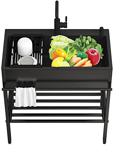 WORDFUN Fregadero Portatil Camping Negro, Mueble Pila Lavadero, Fregadero Comercial De Acero Inoxidable, 60x45cm 80x45cm Fregadero De Cocina Independiente, Fregadero con Escurridor