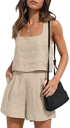Qianderer Completo estivo da donna, 2 pezzi, in lino, con pantaloncini, top corto con tasche, per vacanze al mare