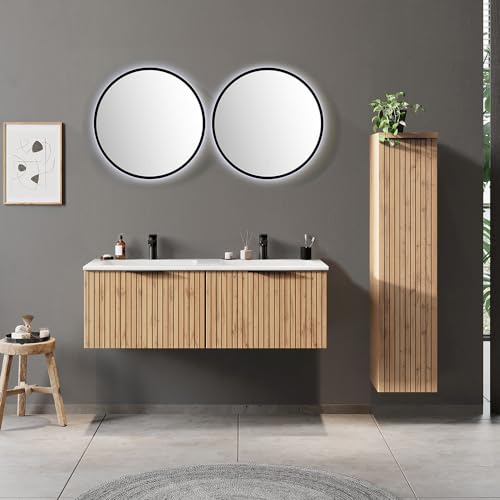 Lomadox Badmöbel Set 4-teilig inkl. Doppelwaschtisch 120cm in Eiche, Fronten gestreift | Doppelwaschbecken weiß, Spiegel mit LED