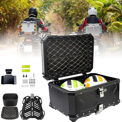Motorrad-Oberbox, Topbox für Motorrad, Heckkoffer, Motorrad-Topcase, Aluminium-Motorradgepäck, mit Sicherheitsschloss, Motorrad-Rückenlehnen und Bodenplatte (Größe: 55 l, Farbe: A Stil schwarz)